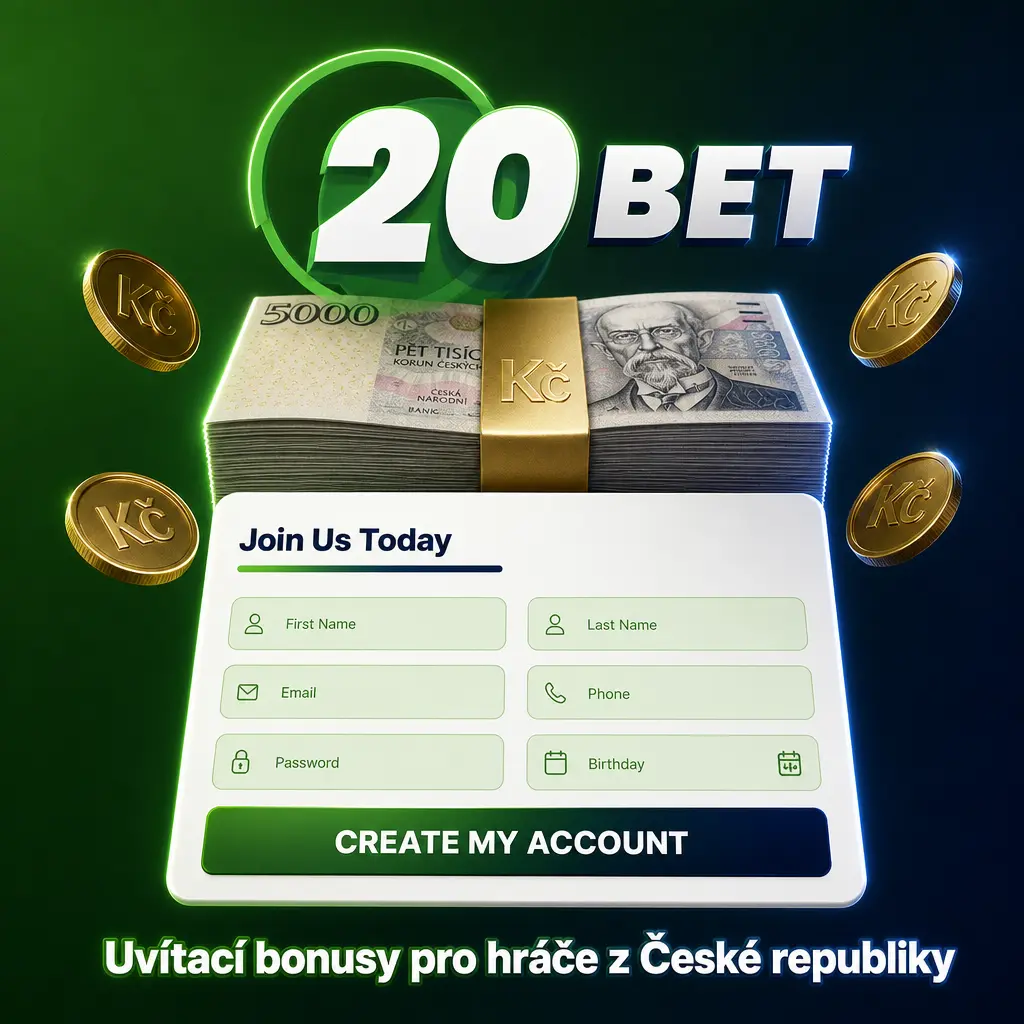Uvítací bonusy na 20bet pro české hráče: casino bonus 100 % do 3 000 CZK a sportovní bonus do 2 500 CZK