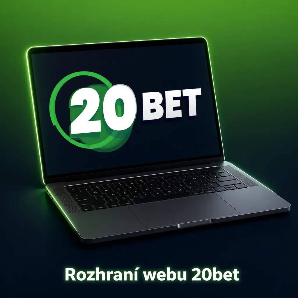 Tmavé rozhraní webu 20bet se zelenými akcenty, navigací Sporty, Live, Casino a přehledem bonusů v CZK